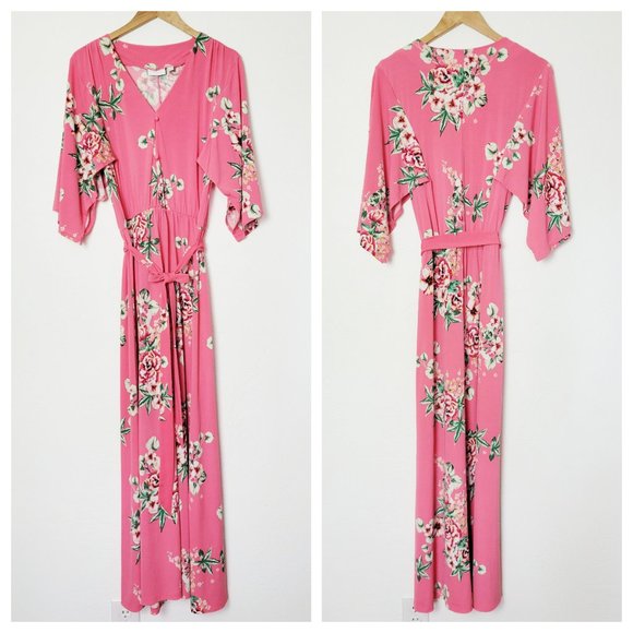 !!SOLD!! New York & Company Pink Floral Belted Maxi Dress w Kimono Style Sleeves - Picture 3 of 16